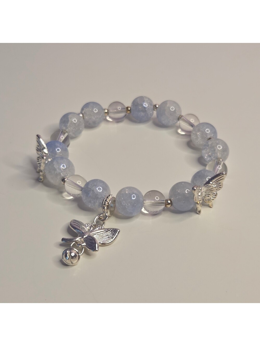 Icy Blue Silver Tone Angel Butterfly Charm Beaded Bracelet Y2K Fairy Coquette